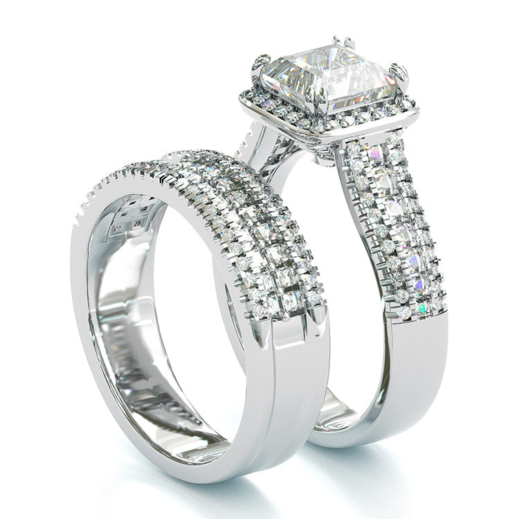 Jzora handmade vintage princess cut halo created diamond sterling silver wedding ring bridal set