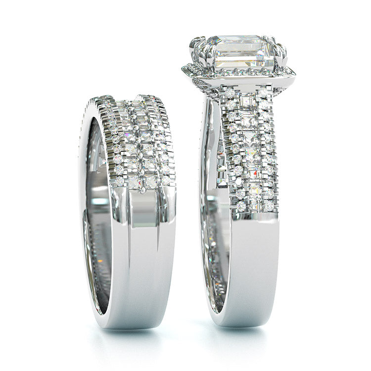 Jzora handmade vintage princess cut halo created diamond sterling silver wedding ring bridal set