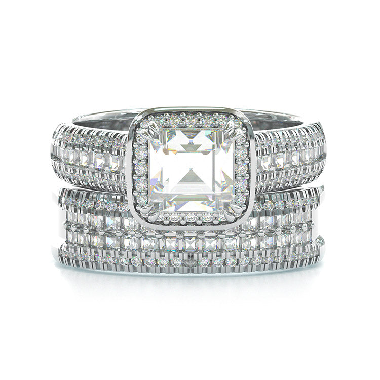 Jzora handmade vintage princess cut halo created diamond sterling silver wedding ring bridal set
