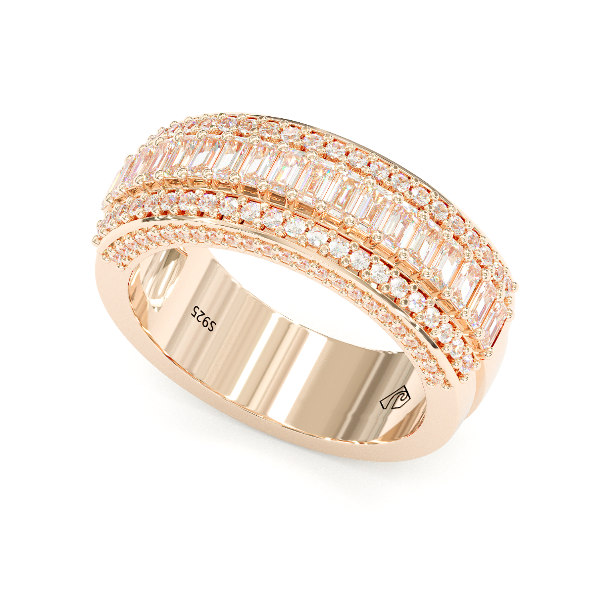 Jzora Handmade Rose Gold Emerald Cut Sterling Silver Eternity Women's Band Wedding Ring