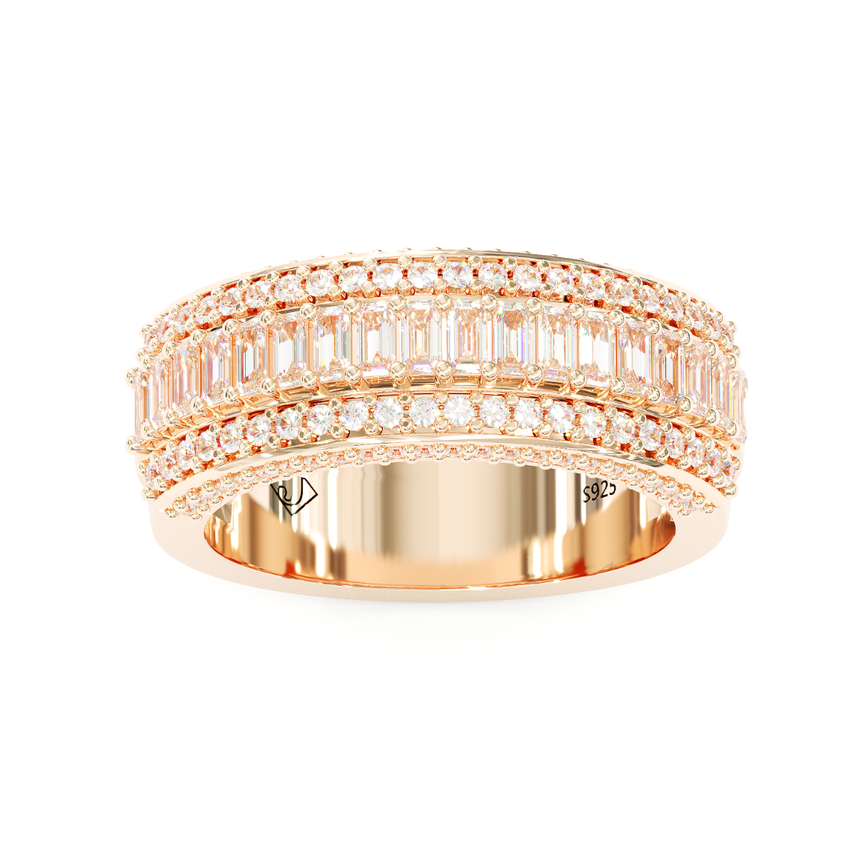 Jzora Handmade Rose Gold Emerald Cut Sterling Silver Eternity Women's Band Wedding Ring