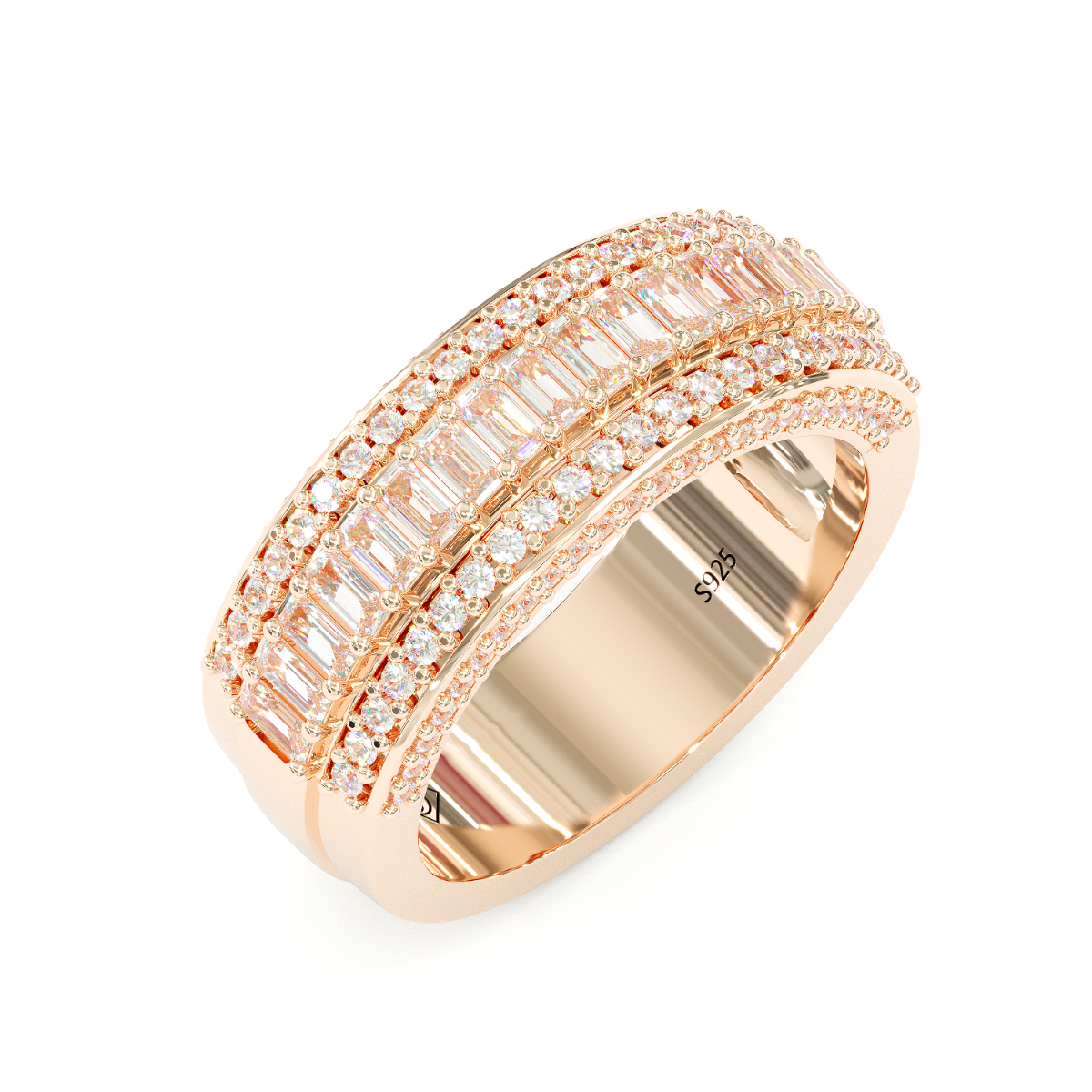 Jzora Handmade Rose Gold Emerald Cut Sterling Silver Eternity Women's Band Wedding Ring