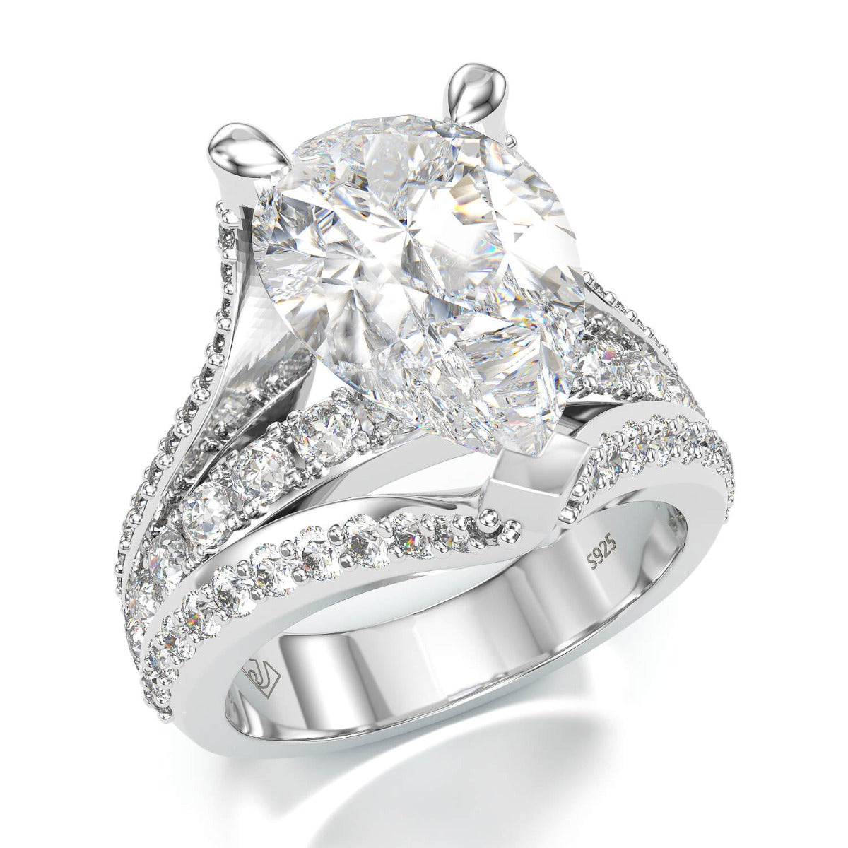 Jzora pear cut diamond with wave band sterling silver engagement ring