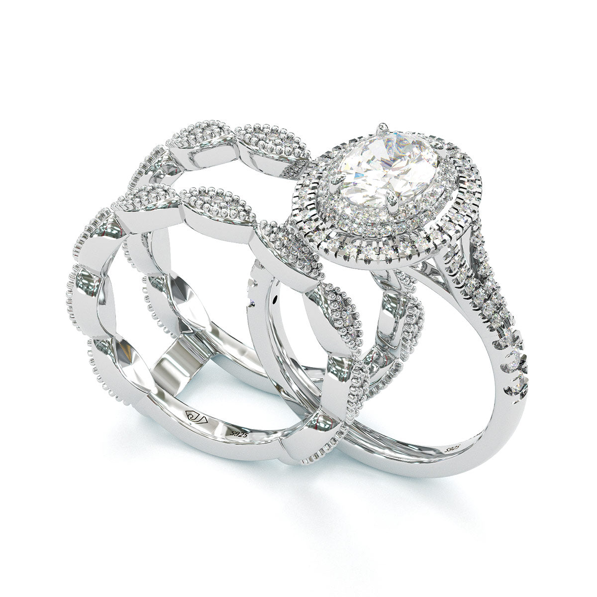 Jzora handmade oval cut halo sterling silver wedding 2 pcs bridal set