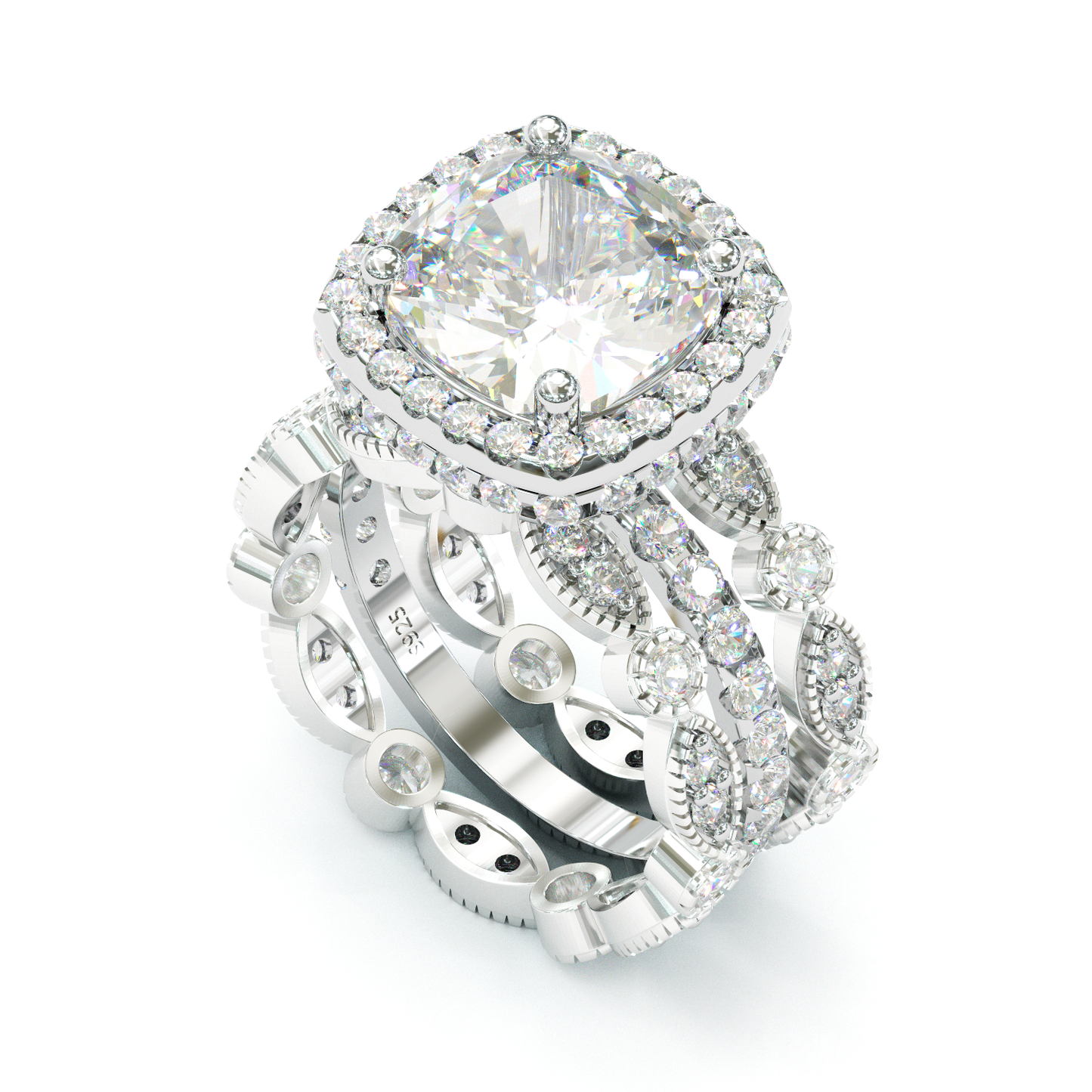 Jzora handmade created diamond cushion cut sterling silver bridal set