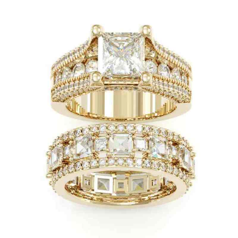 Jzora handmade gold 3ct princess cut sterling silver 2pcs wedding bridal ring set