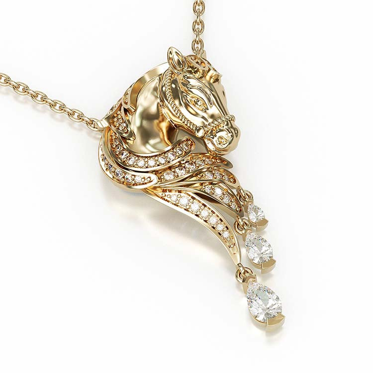 Jzora Handmade Gold Classic Horse Sterling Silver Diamond Necklace