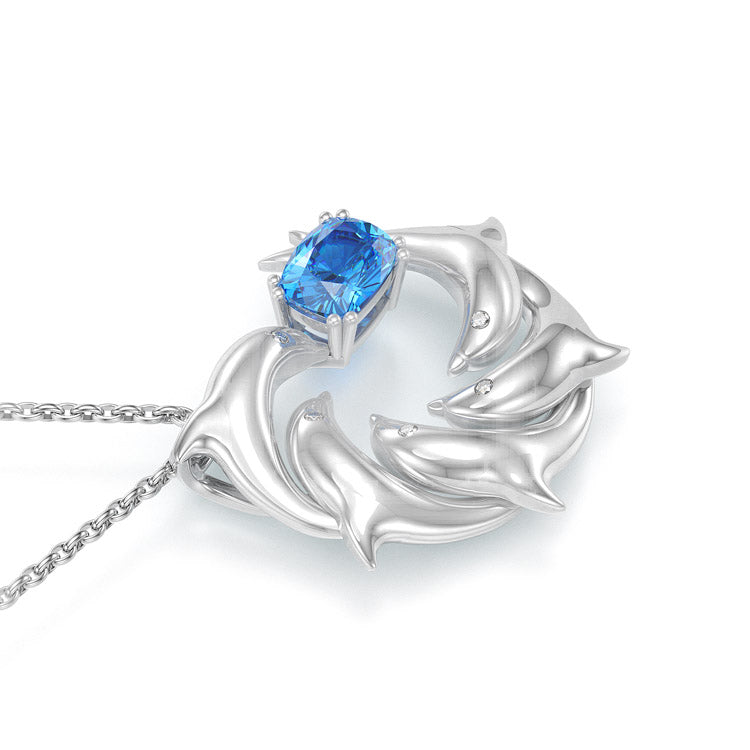 Jzora Handmade Dolphin Aqua Blue Cushion Cut Sterling Silver Diamond Necklace