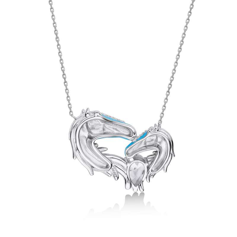 Jzora Handmade Heart Double Horse Sterling Silver Diamond Necklace