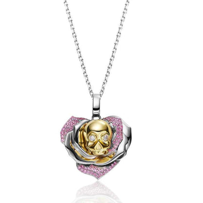 Jzora Handmade Pink Round Skull Rose Sterling Silver Diamond Necklace