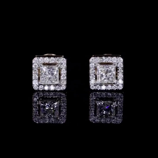 Jzora handmade princess cut halo sterling silver earrings