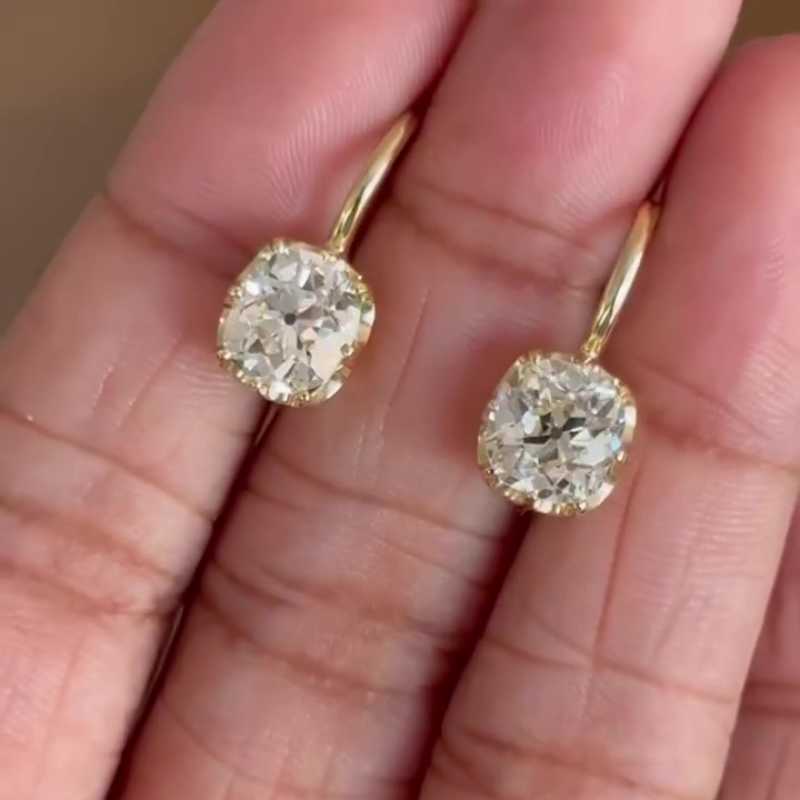 Jzora handmade 2 ct gold cushion cut diamond sterling silver stud earrings