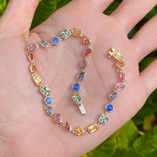 Jzora handmade fancy rainbow sapphire tennis sterling silver bracelet