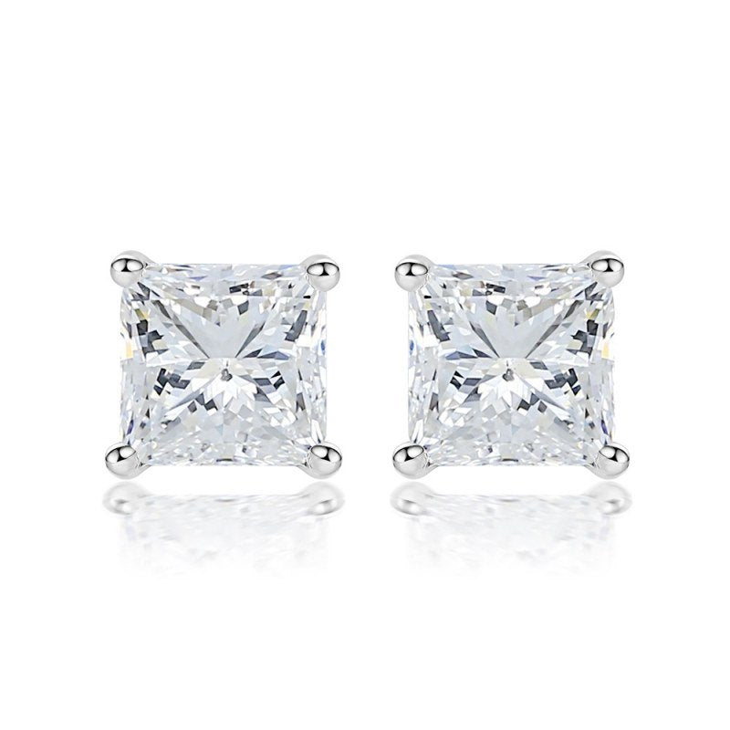 Jzora four prongs princess cut created diamond sterling silver earrings