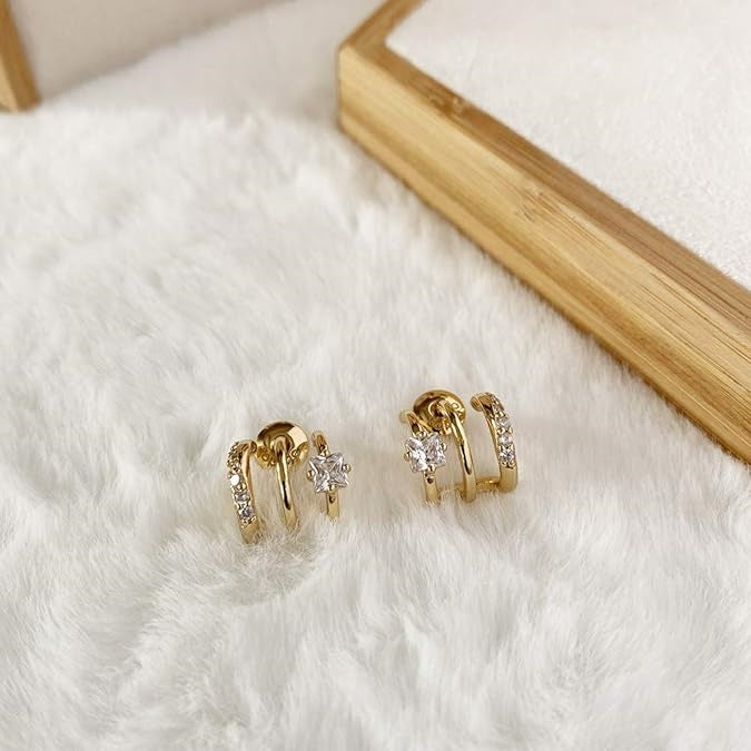 Jzora handmade  princess&round cut single hole double hoop sterling silver earrings