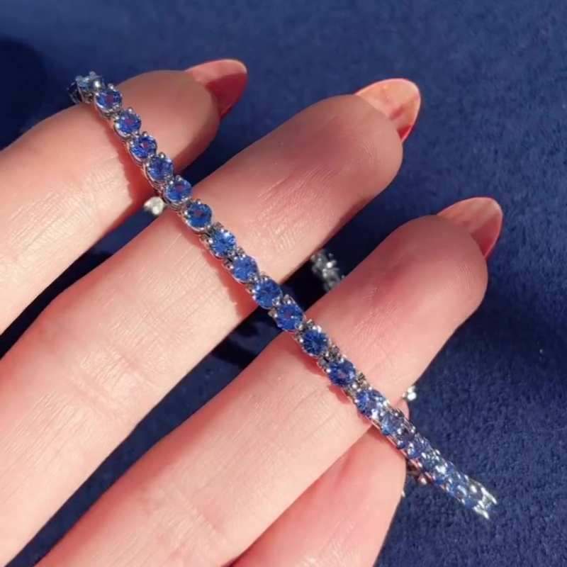 Jzora Handmade Sapphire Round Cut Vintage Sterling Silver Tennis Bracelet