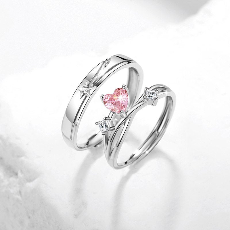 Jzora delicate pink heart star Sterling Silver Adjustable Couple Rings