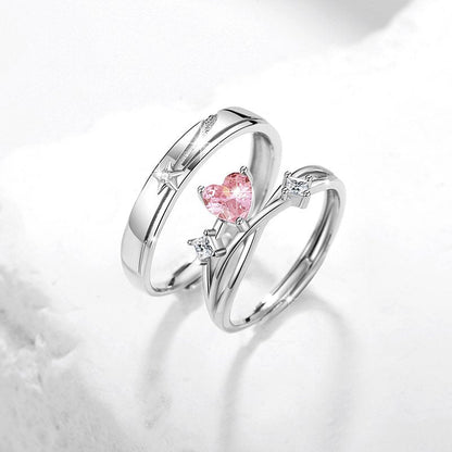 Jzora delicate pink heart star Sterling Silver Adjustable Couple Rings