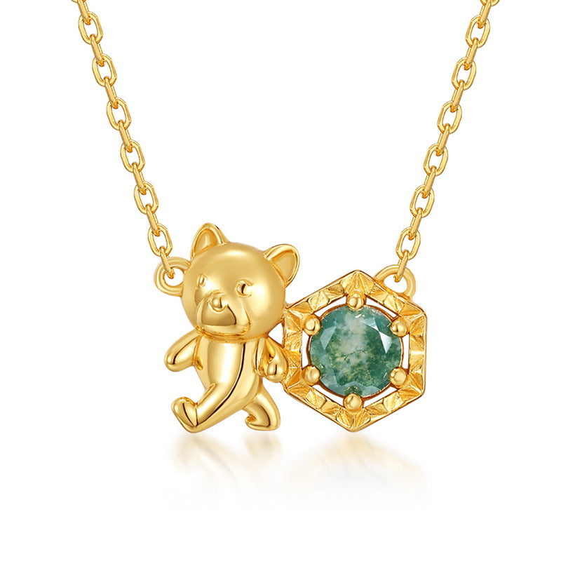 Jzora handmade cute bear green moss sterling silver necklace