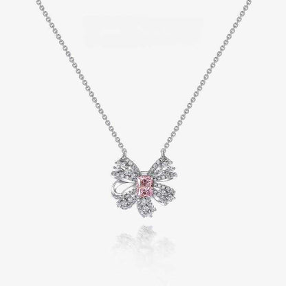 Jzora handmade pink radiant bow sterling silver diamond necklace