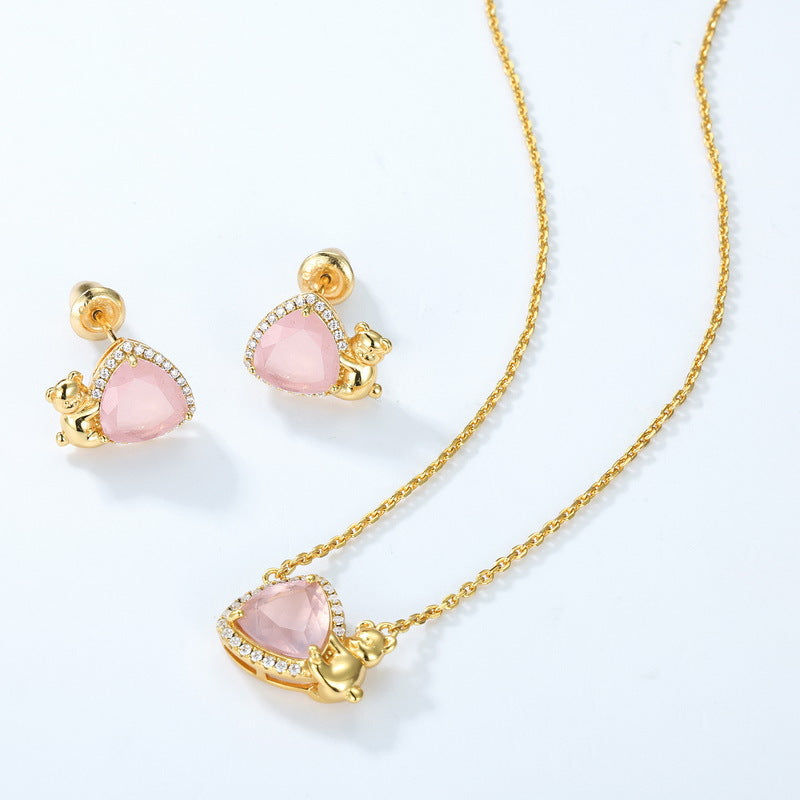 Jzora handmade triangle pink crystal cute bear sterling silver earrings