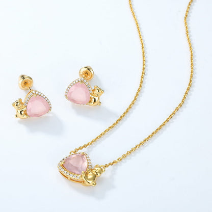 Jzora handmade triangle pink crystal cute bear sterling silver earrings