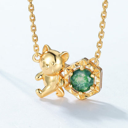 Jzora handmade cute bear green moss sterling silver necklace