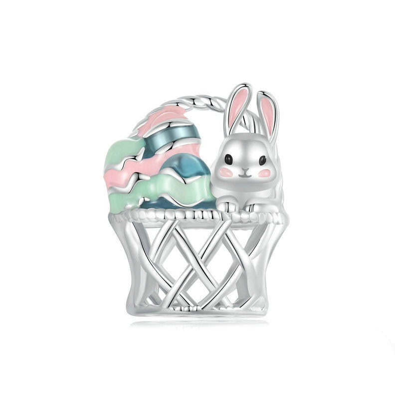 Jzora Easter Bunny Egg Basket Animal Sterling Silver Charm