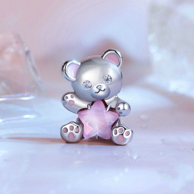 Jzora Dreamy Sweet Pink Star Bear Animal Sterling Silver Charm