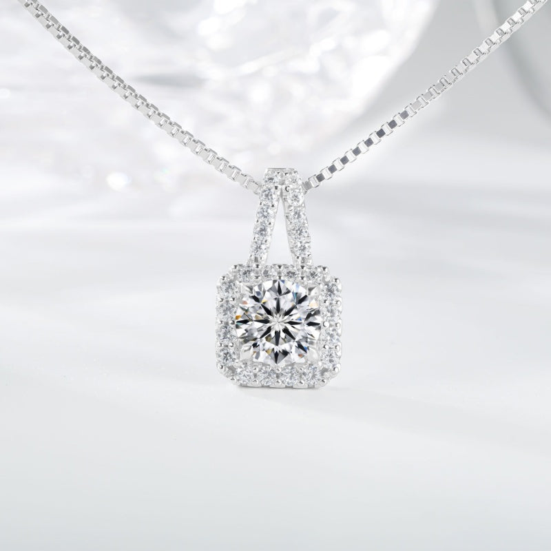 Jzora handmade 1ct round cut Moissanite diamond halo sterling silver necklace