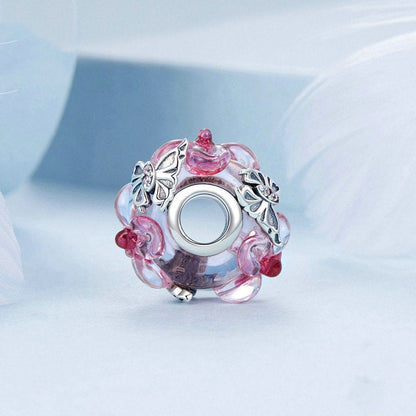 Jzora Sweet Pink Flower Butterfly Lucite Sterling Silver Charm