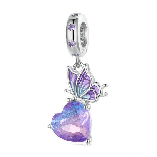 Jzora Elegant Gradient Purple Heart Butterfly Sterling Silver Charm