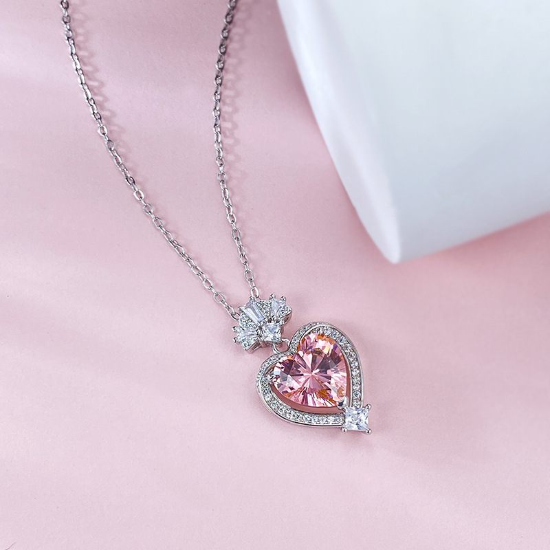 Jzora handmade Heart Pink Necklace sterling silver diamond necklace