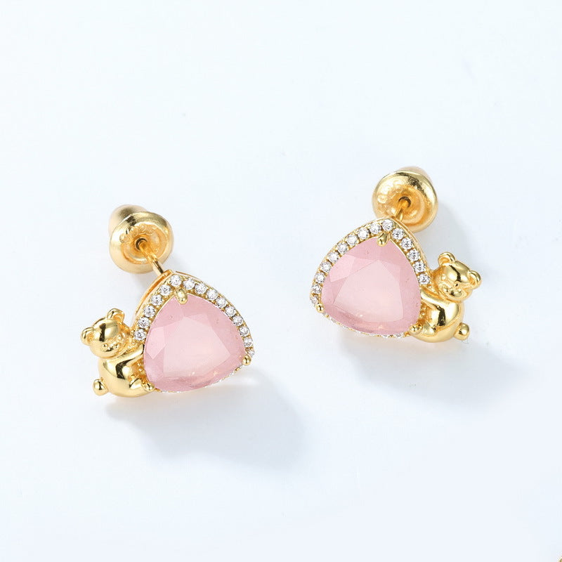 Jzora handmade triangle pink crystal cute bear sterling silver earrings