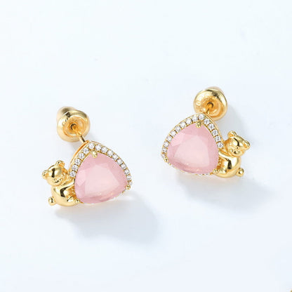 Jzora handmade triangle pink crystal cute bear sterling silver earrings