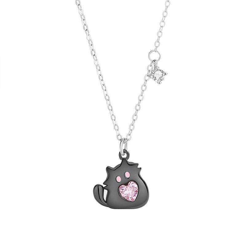 Jzora handmade pink heart cut cute cartoon kitten sterling silver necklace