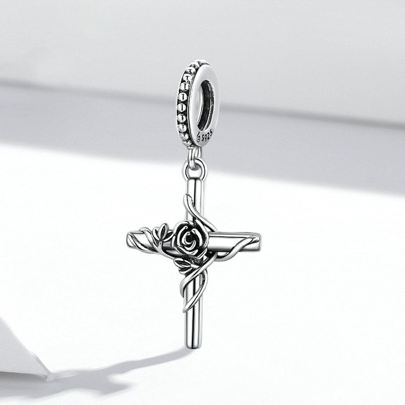 Jzora Vintage Rose Cross Sterling Silver Charm