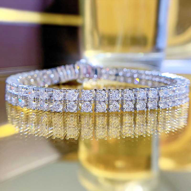 Jzora round cut double row diamond sterling silver tennis bracelet