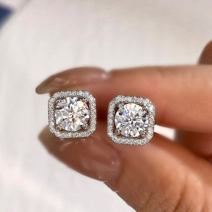 Jzora handmade 2ct round cut halo moissanite sterling silver earrings