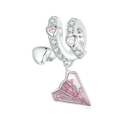 Jzora Romantic Valentine's Day Pink Paper Airplane Love Letter Sterling Silver Charm