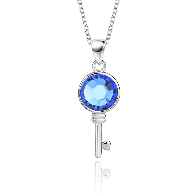 Jzora handmade round cut crystal key sterling silver necklace