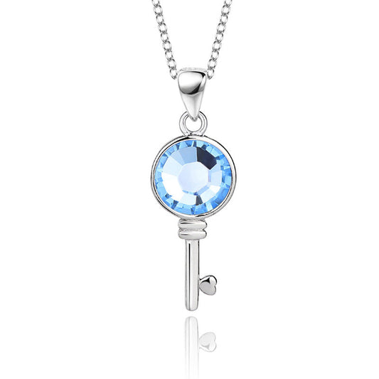 Jzora handmade round cut crystal key sterling silver necklace