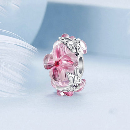 Jzora Sweet Pink Flower Butterfly Lucite Sterling Silver Charm