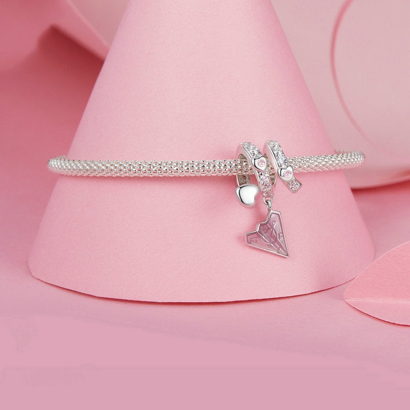 Jzora Romantic Valentine's Day Pink Paper Airplane Love Letter Sterling Silver Charm