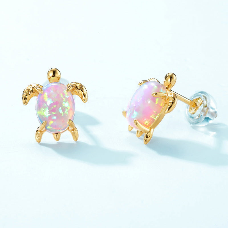 Jzora handmade cute turtle synthetic opal sterling silver earrings