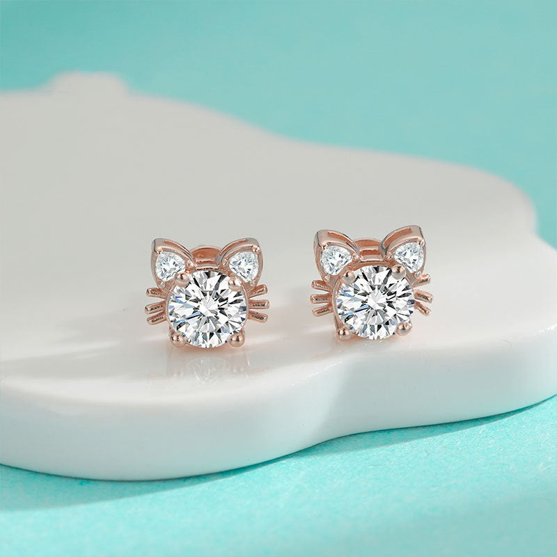 Jzora handmade 2ct round cut cat moissanite sterling silver earrings