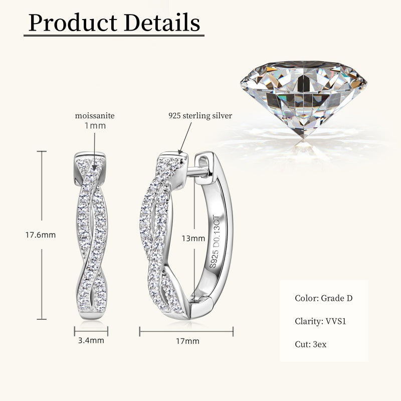 Jzora handmade fashion twist full moissanite diamond sterling silver earrings