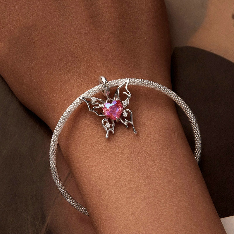 Jzora Romantic Openwork Butterfly Pink Bloodbath Butterfly Sterling Silver Charm