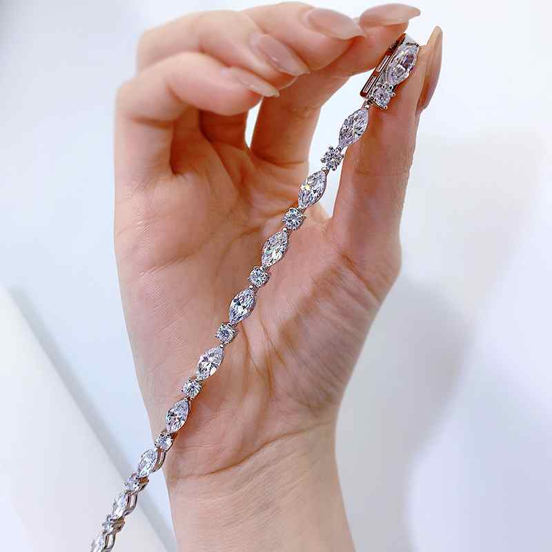 Jzora handmade marquise cut classic tennis sterling silver diamond bracelet
