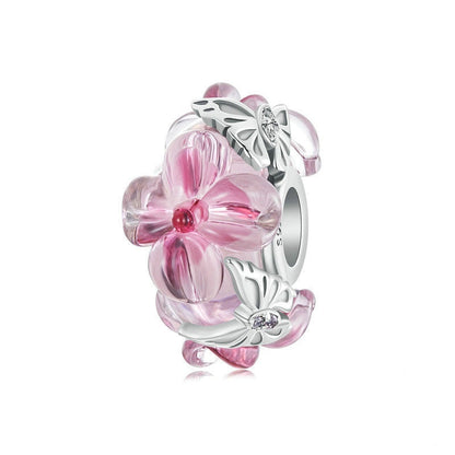 Jzora Sweet Pink Flower Butterfly Lucite Sterling Silver Charm